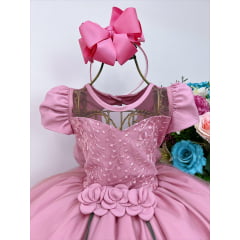 Vestido Infantil Rosé Com Broche e Renda Festas