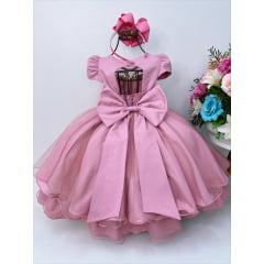 Vestido Infantil Rosé Com Broche e Renda Festas