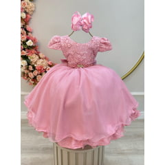 Vestido Infantil Rose Com Renda Cinto de Pérolas e Strass