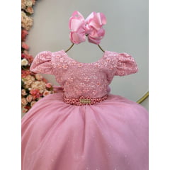 Vestido Infantil Rose Com Renda Cinto de Pérolas e Strass