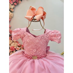 Vestido Infantil Rose Com Renda Cinto de Pérolas Festas