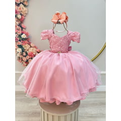 Vestido Infantil Rose Com Renda Cinto de Pérolas Festas