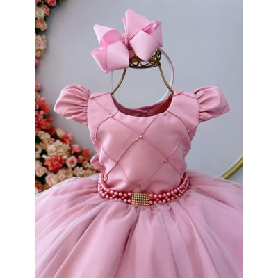Vestido Infantil Rose Peito Nervura Pérolas Strass Luxo