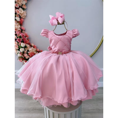 Vestido Infantil Rose Peito Nervura Pérolas Strass Luxo