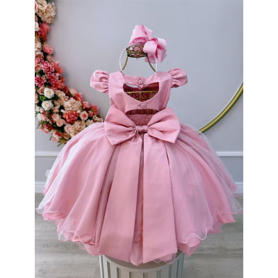 Vestido Infantil Rose Peito Nervura Pérolas Strass Luxo