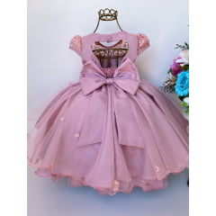 Vestido Infantil Rosê Rendado Tule Cinto de Pérolas