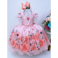 Vestido Infantil Salmão Floral Luxo Cinto Pérolas Strass