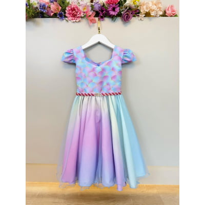 Vestido Infantil Sereia Busto Escamas Colorido Festas