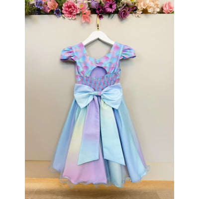Vestido Infantil Sereia Busto Escamas Colorido Festas
