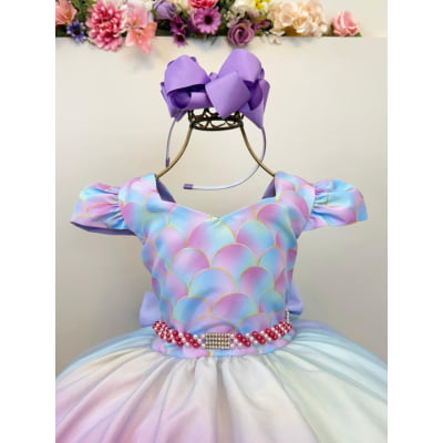 Vestido Infantil Sereia Busto Escamas Colorido Festas