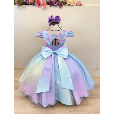 Vestido Infantil Sereia Busto Escamas Colorido Festas