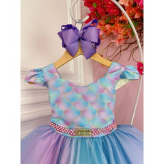 Vestido Infantil Sereia Colorido C/ Cinto de Pérolas Strass