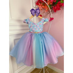 Vestido Infantil Sereia Colorido C/ Cinto de Pérolas Strass