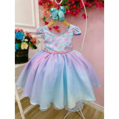 Vestido Infantil Sereia Colorido C/ Cinto de Strass Pérolas