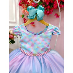 Vestido Infantil Sereia Colorido C/ Cinto de Strass Pérolas