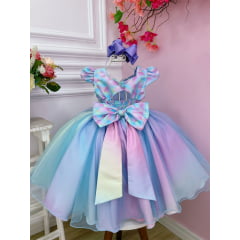 Vestido Infantil Sereia Colorido C/ Cinto de Strass Pérolas