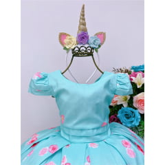 Vestido Infantil Verde Festa Unicórnio Jardim Luxo