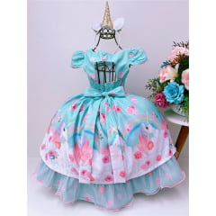 Vestido Infantil Verde Festa Unicórnio Jardim Luxo