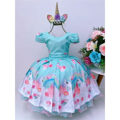 Vestido Infantil Verde Festa Unicórnio Jardim Luxo