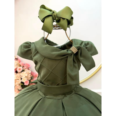 Vestido Infantil Verde Oliva Busto Nervura Formaturas Damas