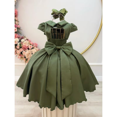 Vestido Infantil Verde Oliva Busto Nervura Formaturas Damas