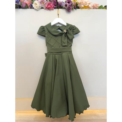 Vestido Infantil Verde Oliva Busto Nervura Formaturas Damas