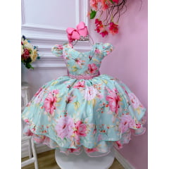 Vestido Infantil Verde Peito Nervura Florido C/ Cinto Pérolas