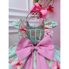Vestido Infantil Verde Peito Nervura Florido C/ Cinto Pérolas