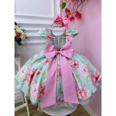 Vestido Infantil Verde Peito Nervura Florido C/ Cinto Pérolas