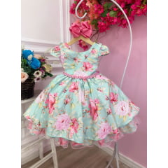 Vestido Infantil Verde Peito Nervura Florido C/ Cinto Pérolas