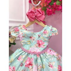 Vestido Infantil Verde Peito Nervura Florido C/ Cinto Pérolas