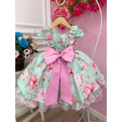 Vestido Infantil Verde Peito Nervura Florido C/ Cinto Pérolas