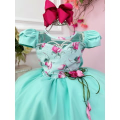 Vestido Infantil Verde Tiffany Florido C/ Broche Flor Festas