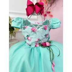 Vestido Infantil Verde Florido C/ Broche Flor Festas