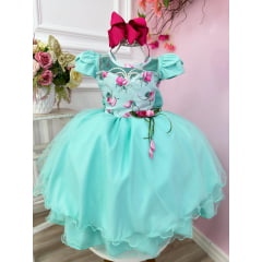 Vestido Infantil Verde Florido C/ Broche Flor Festas