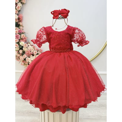 Vestido Infantil Vermelho Busto C/ Renda Glitter Daminhas Vestido Infantil Vermelho Busto C/ Renda Glitter Daminhas