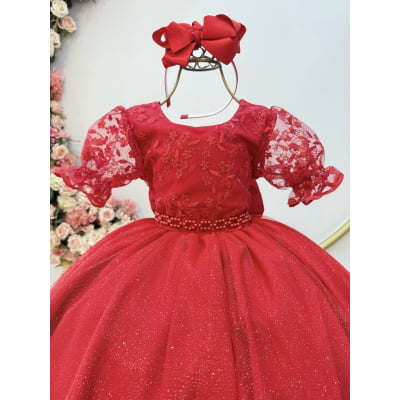 Vestido Infantil Vermelho Busto C/ Renda Glitter Daminhas
