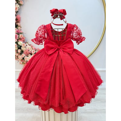 Vestido Infantil Vermelho Busto C/ Renda Glitter Daminhas