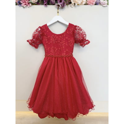 Vestido Infantil Vermelho Busto C/ Renda Glitter Daminhas