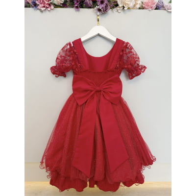 Vestido Infantil Vermelho Busto C/ Renda Glitter Daminhas