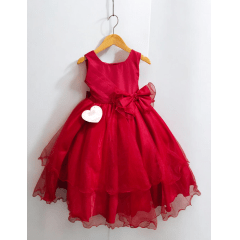 Vestido Infantil Vermelho Busto Drapeado Aplique Laço Damas