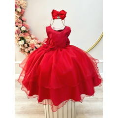 Vestido Infantil Vermelho Busto Drapeado Aplique Laço Damas