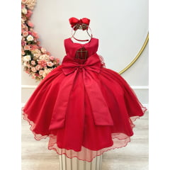 Vestido Infantil Vermelho Busto Drapeado Aplique Laço Damas