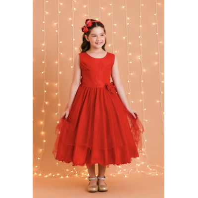 Vestido Infantil Vermelho Busto Drapeado Aplique Laço Damas
