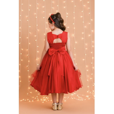 Vestido Infantil Vermelho Busto Drapeado Aplique Laço Damas