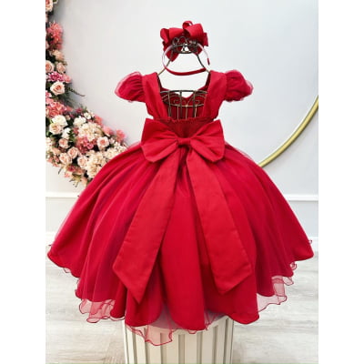 Vestido Infantil Vermelho Busto Nervura Daminhas Festas Luxo