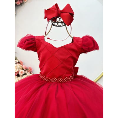 Vestido Infantil Vermelho Busto Nervura Daminhas Festas Luxo