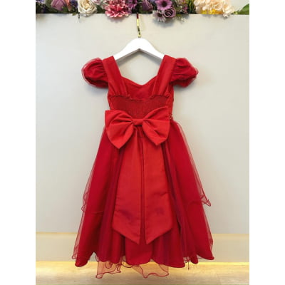 Vestido Infantil Vermelho Busto Nervura Daminhas Festas Luxo