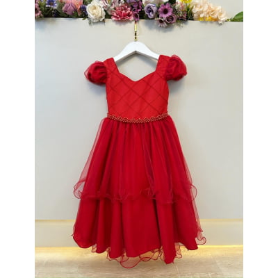 Vestido Infantil Vermelho Busto Nervura Daminhas Festas Luxo