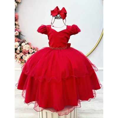 Vestido Infantil Vermelho Busto Nervura Daminhas Festas Luxo